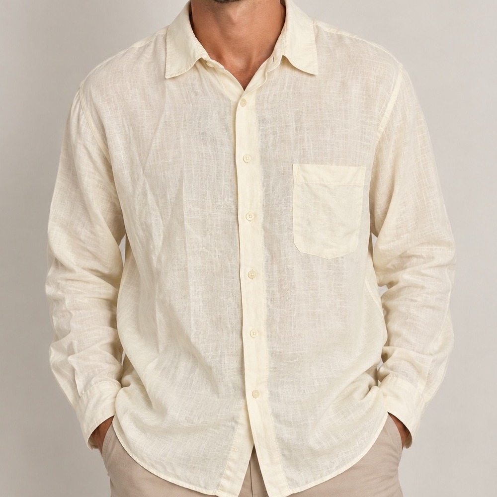 Murano Men's XL 100% Linen Shirt Ivory Long Sleeve European Fabric Coastal